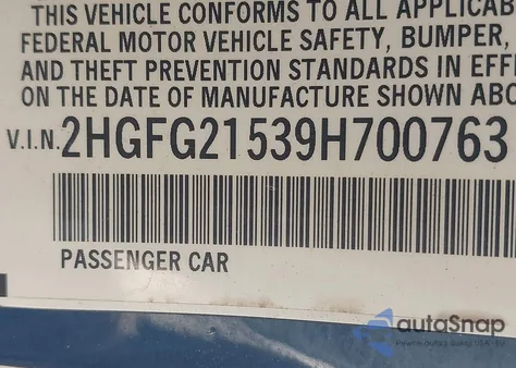 2009 Honda Civic Si z USA, uszkodzony, nr VIN 2HGFG21539H700763
